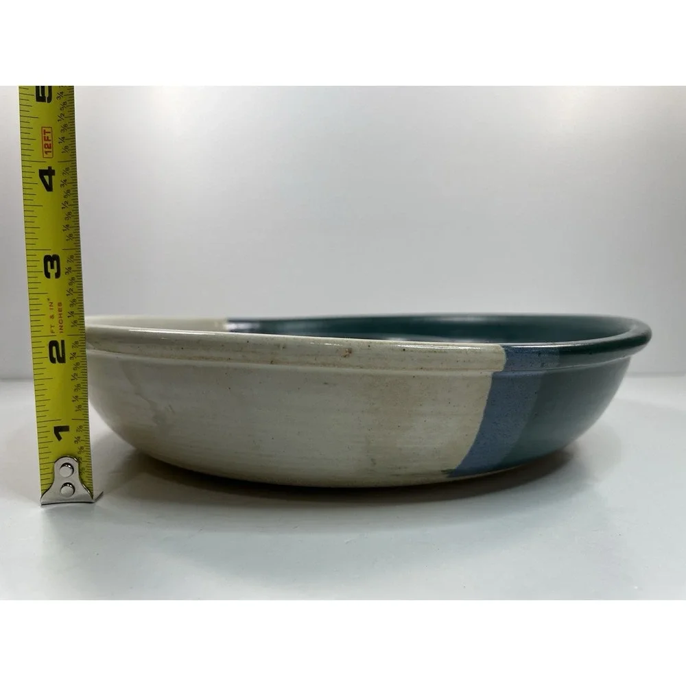 Chip Dip Signed Studio Pottery One Piece Serving Plater Green Blue Ivory Stripe